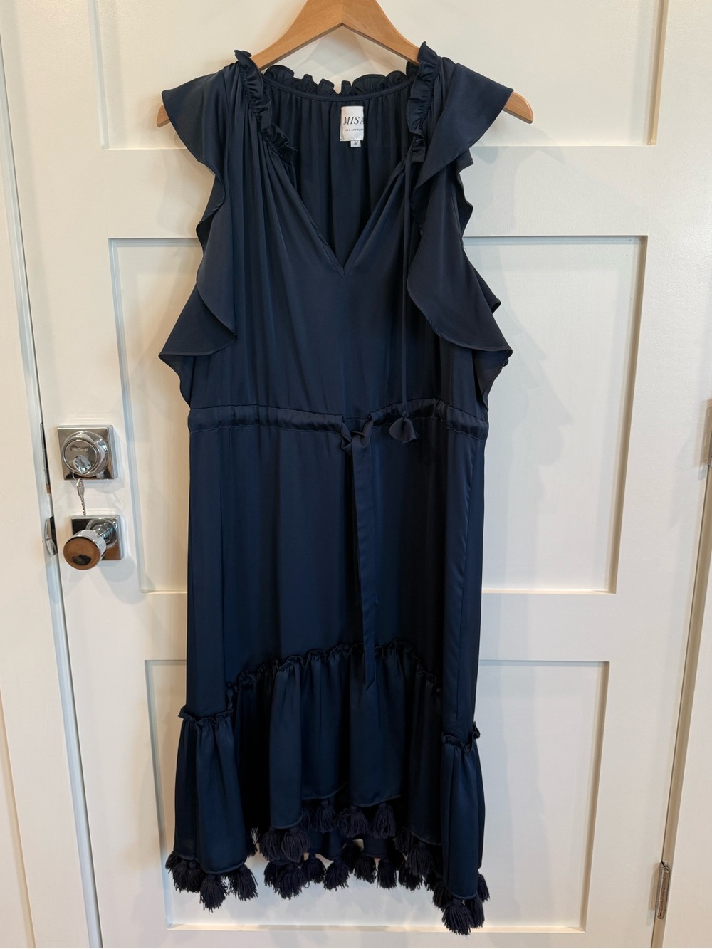 Misa Navy Ruffle Flounce Fringe Drawstring Viscose Dress